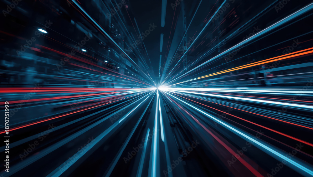 Obraz premium Futuristic light tunnel with radial motion streaks and neon glow evoking speed