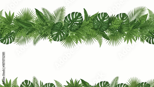 A serene arrangement of lush green tropical leaves framing a white background