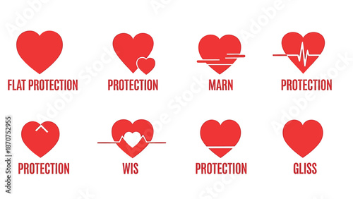 Set of red heart icons with various designs and protection labels.