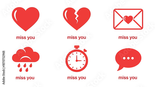 Set of red icons expressing longing and missing someone.