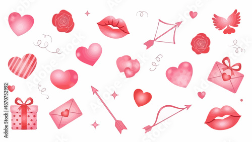 Collection of romantic elements including hearts, lips, and gifts on a white background