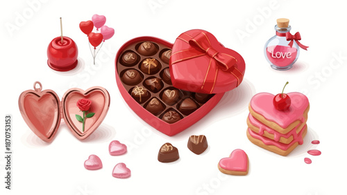 A heart-shaped box of chocolates surrounded by sweet treats and heart decorations on a white background