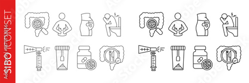 SIBO (Small Intestinal Bacterial Overgrowth) set. Includes intestines, gut bacteria, common symptoms, diagnostic breath tests, treatment, and dietary management.