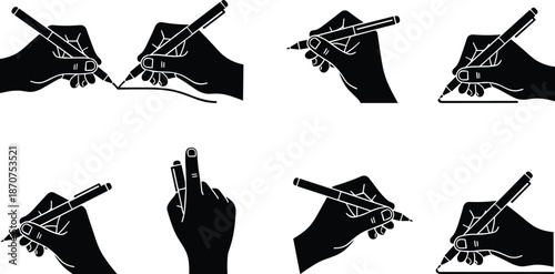 Hand holding pen icons set, writing and drawing gestures, human hand actions, signature sketch poses, black silhouette vector illustration