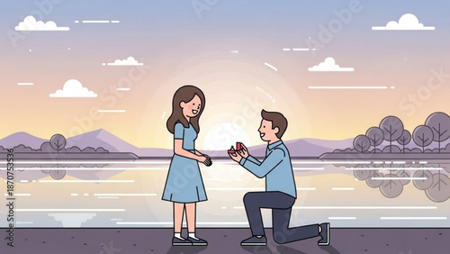 Man Proposing to Woman with Ring by Lake during Sunset