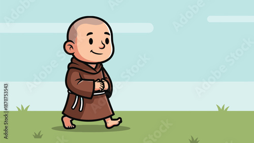A cute, barefoot cartoon baby monk with a serene smile walks calmly across a simple green grassy landscape under a clear sky.