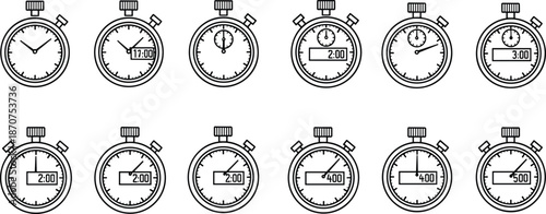 Stopwatch icon set, time measurement devices, countdown and timer clocks, sports timing, productivity concept, outline vector illustration