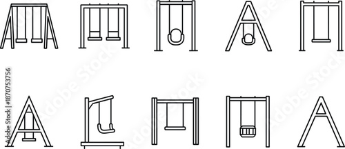 Playground swing icon set, children play equipment, park recreation swings, outdoor playground elements, minimal outline vector illustration