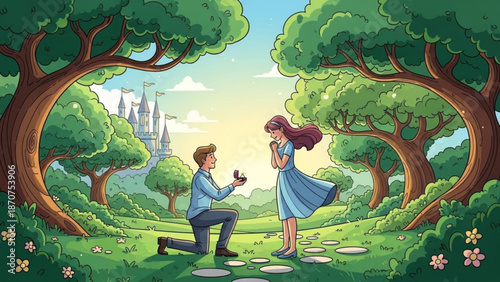 Man Proposing to Woman in Fantasy Forest Landscape during Sunset