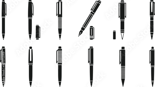 Pen icon set, writing instruments collection, office and school stationery, ballpoint and fountain pens, black silhouette vector illustration