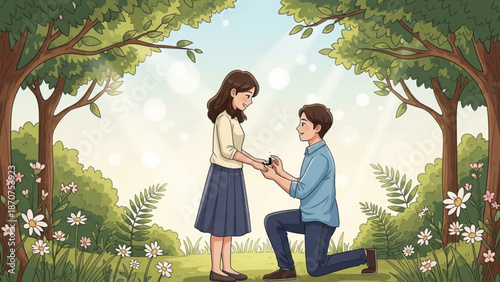 Man Proposing to Woman in a Serene Garden Scene with Flowers and Trees