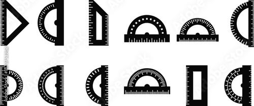 Geometry ruler and protractor icon set, measuring tools, math and engineering instruments, education stationery, vector illustration