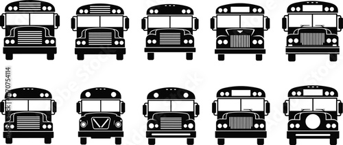 School bus front view icons set, retro and modern buses, public transportation, passenger vehicle silhouettes, vector illustration