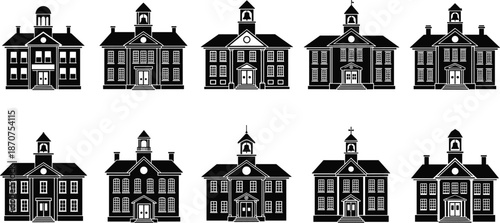 School building icons set, classic education architecture, academy facade, college campus, institutional buildings, silhouette vector illustration