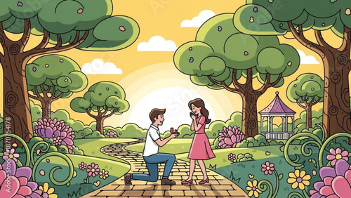 Man Proposing to Woman in Vibrant Cartoon Park during Sunset