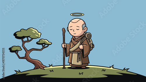A dedicated traveling monk with a halo and a backpack holds a staff, standing on a hill beside a stylized tree under a serene sky.
