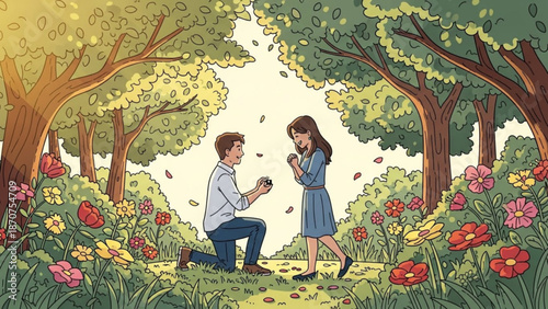 Man Proposing to Woman in a Vibrant Cartoon Forest during Sunset