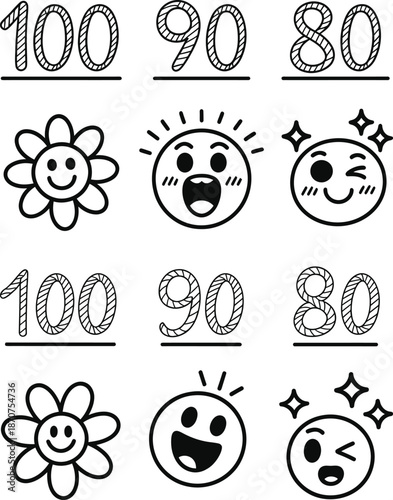 Hand drawn doodle numbers and positive cartoon faces set