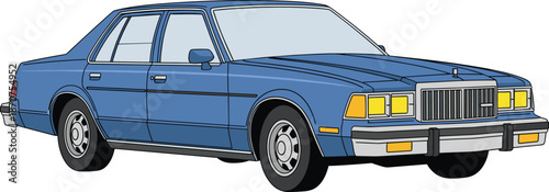 Classic blue sedan car, vintage boxy design, 1980s style vehicle, chrome grille, cartoon auto icon, flat vector illustration