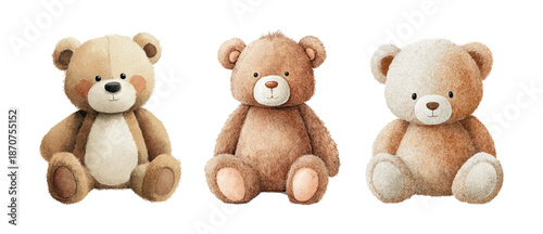 Watercolor bear toy illustration featuring cute teddy characters in soft vintage style, perfect for baby nursery prints and children's bear-themed greeting cards. Vector illustration.