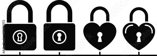 Padlock transformation sequence, heart-shaped lock evolution, emotional security icon, love unlock symbol, romantic progression graphic, flat vector illustration