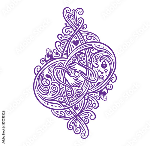 Purple ornate illustration of a locked heart with wings and decorative swirls isolated on transparent background