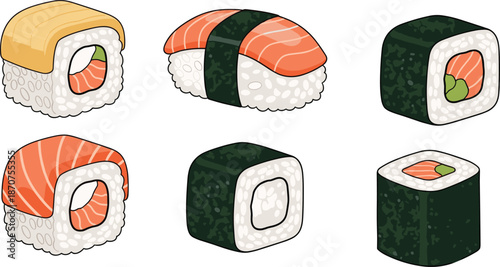 Sushi variety set, Japanese food icons, traditional rolls, salmon nigiri, tamago sushi, seaweed wrap, flat vector illustration