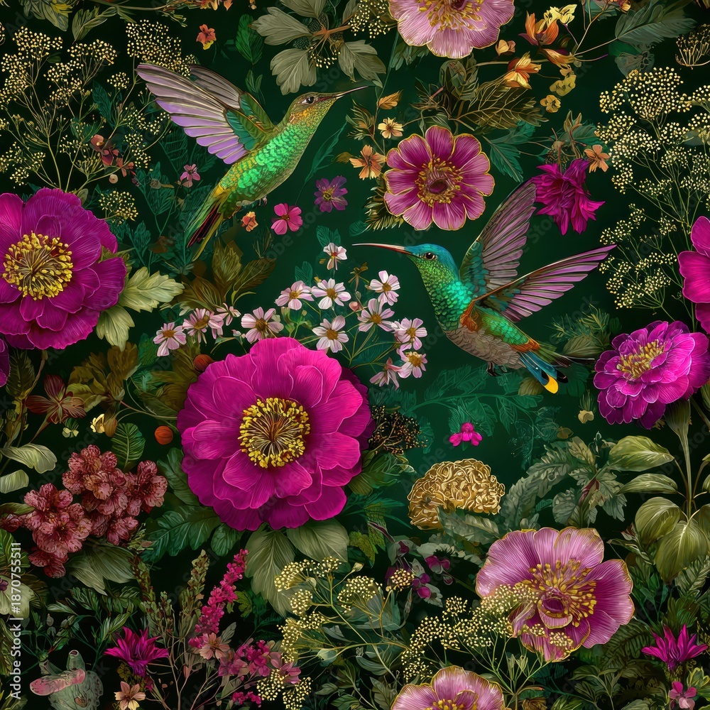 Naklejka premium Hummingbird Pattern With Colorful Birds and Flowers in Vibrant Shades for Childrens Decor and Playful Designs