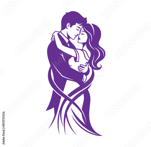 Purple silhouette of a romantic couple embracing and kissing each other tightly