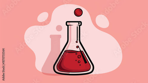 Red liquid in laboratory flask for science experiment vector