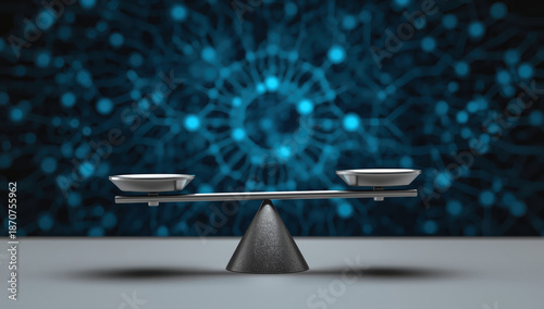 Metal balance scale conical fulcrum with neural network background conveying ethical technology