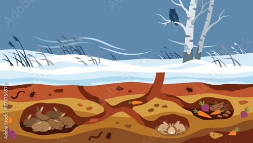 Winter Underground Cross-Section — Chipmunk, Fox, Rabbits, Owl and Kits Sheltering and Storing Food Beneath a Snow‑Covered Tree Stump