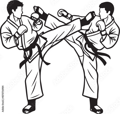 Two martial artists practicing karate kicks and punches