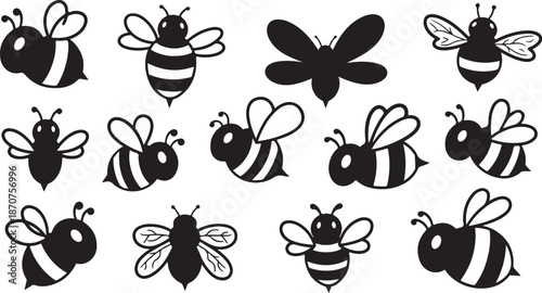 Black and white bees illustration set on white background