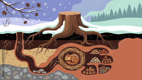 Winter Underground Cross-Section — Chipmunk, Fox, Rabbits, Owl and Kits Sheltering and Storing Food Beneath a Snow‑Covered Tree Stump