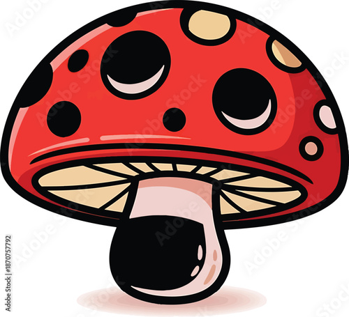 Cartoon fly agaric mushroom red and white dots on background