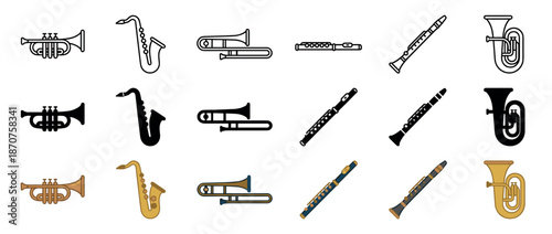 Collection of musical wind instrument vector icons featuring trumpet, saxophone, trombone, flute, clarinet, and tuba in outline, silhouette, and flat color styles