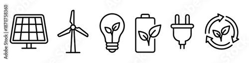 Set of renewable green energy icons including a solar panel, wind turbine, eco lightbulb, battery, plug, and recycle symbol in a minimalist line art style
