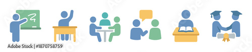 Set of colorful flat education and learning icons showing a teacher, student, collaboration, discussion, studying, and graduation
