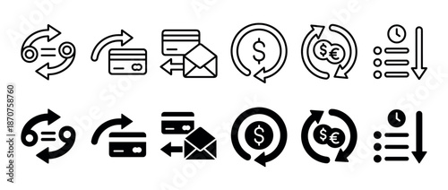 Set of black finance and payment icons in line and glyph styles representing currency exchange, credit card transaction, cashback, and money transfer