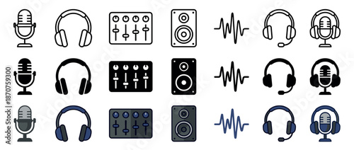 Set of audio and music icons in three different styles including line, glyph, and color, featuring microphone, headphones, mixer, speaker, and waveform symbols