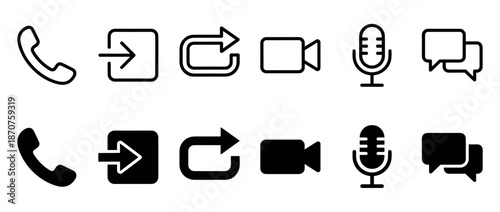 Black communication and user interface icons set in outline and solid glyph styles for phone call, logout, reply, video, microphone, and chat