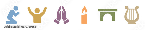 Set of colorful religious worship icons including a kneeling person, praise, praying hands, candle, altar, and lyre, in a flat minimalist style