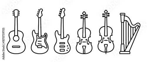 Set of black outline musical instruments including guitars, violins, and a harp in a simple line art style, for design elements