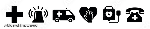 Set of black medical emergency icons including ambulance, defibrillator, siren, and telephone for first aid and healthcare concepts