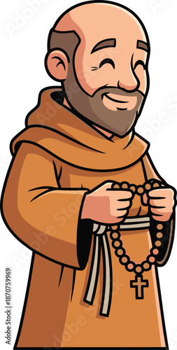 A friendly cartoon monk with a beard and bald head smiles gently while holding rosary beads, representing devotion and serene spiritual practice.