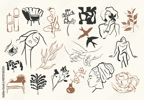 La Dolce Vita doodle set in bohemian style. Art for postcards, posters, branding, logo design, background, social media.	