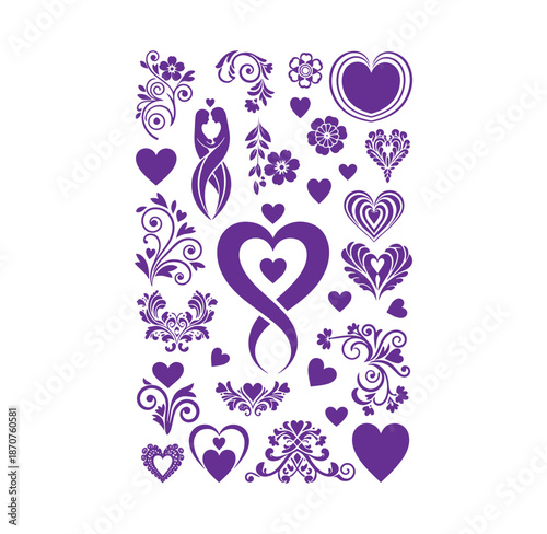 Collection of purple heart shapes and floral designs on white background