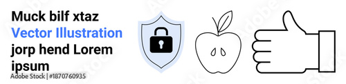 Cybersecurity, digital health, online approval, data protection, nutrition awareness, and safety. A shield with a lock, an apple and a thumbs-up icon. Cybersecurity and digital health symbol