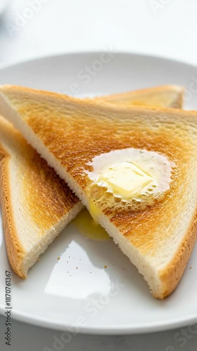 Golden toasted bread triangles with melting butter on a white plate for a comforting breakfast.